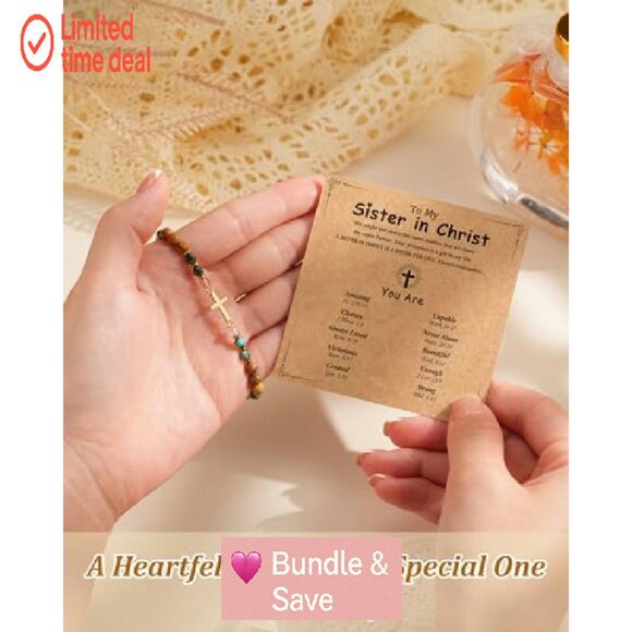 Christian Cross Bracelet with Natural Stones, Adjustable Elastic, Scripture Card - Picture 5 of 8